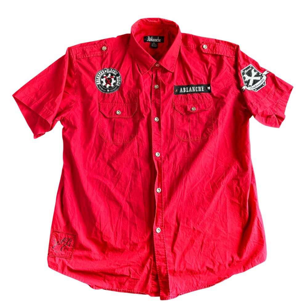 Ablanche Mens 3XL Red Short Sleeve Biker Moto Button Down Shirt Studded Patches‎